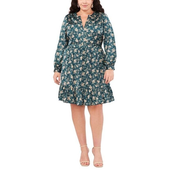Vince Camuto Women's Plus Size Floral-Print Baby doll Dress Deep Forest Green 1X - Picture 2 of 11